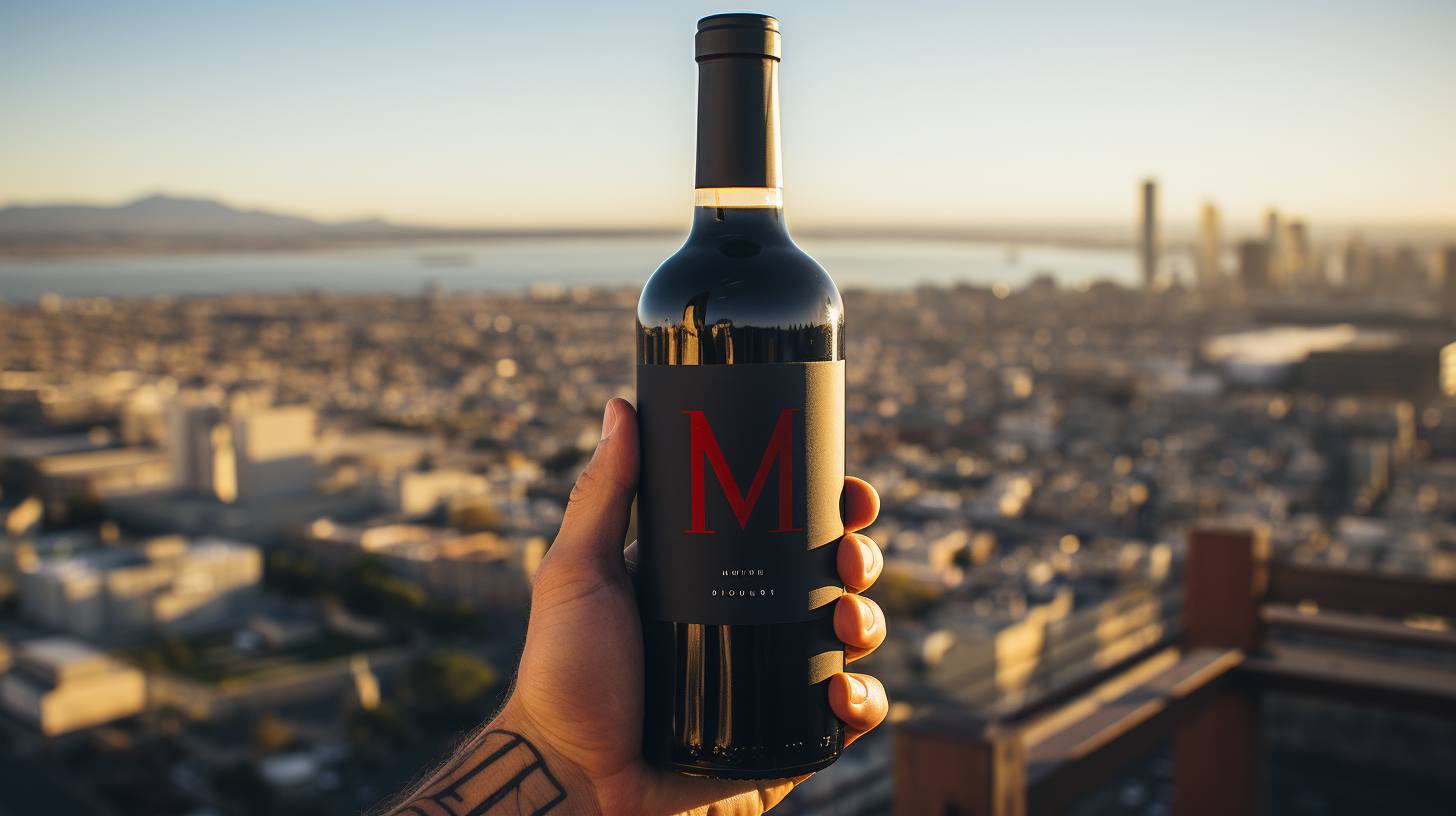 Bottiglia di vino Citiculture controluce con lo skyline urbano sullo sfondo