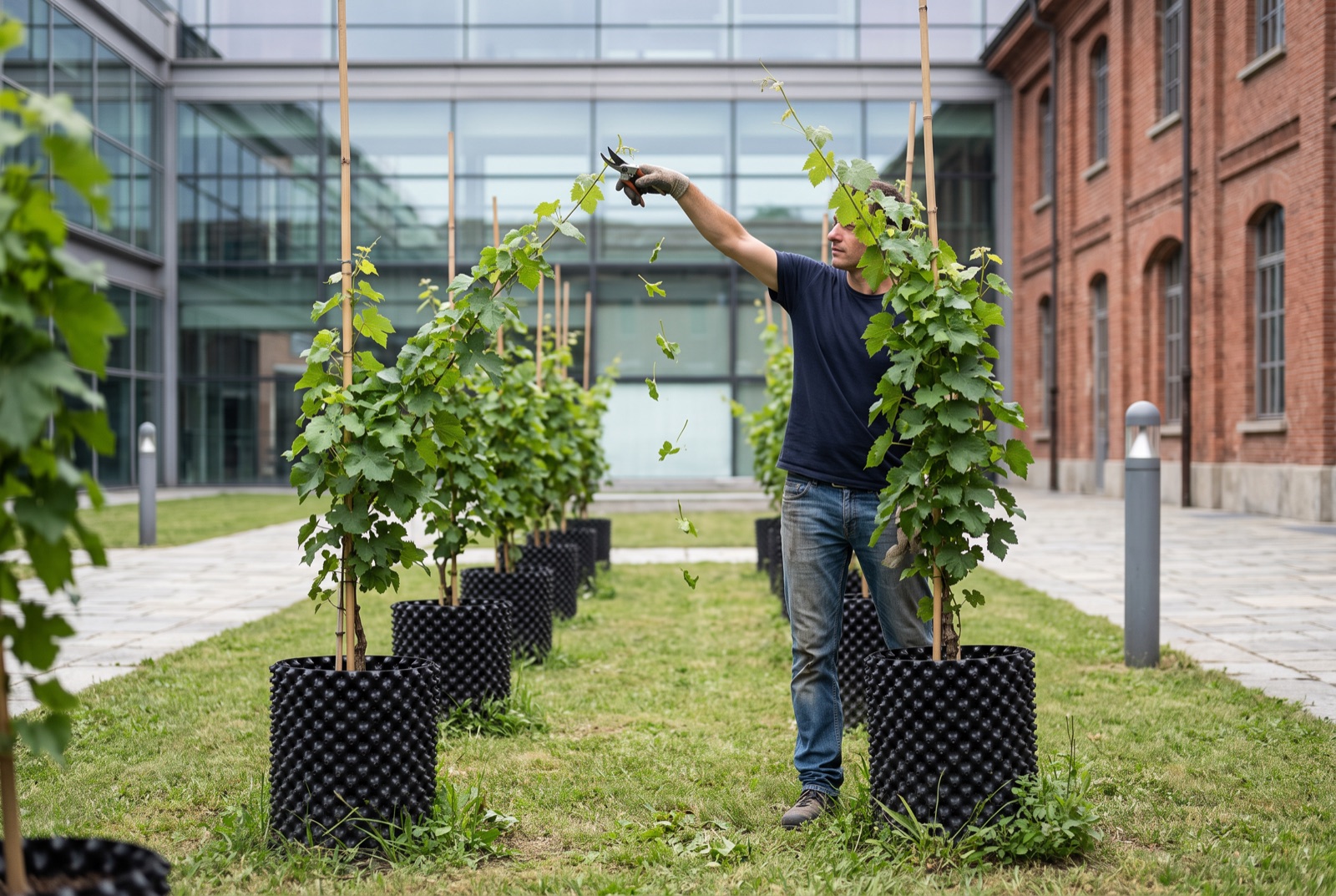 Uomo che cima con le forbici la vegetazione in eccesso di una vite in vaso, con le foglie che cadono