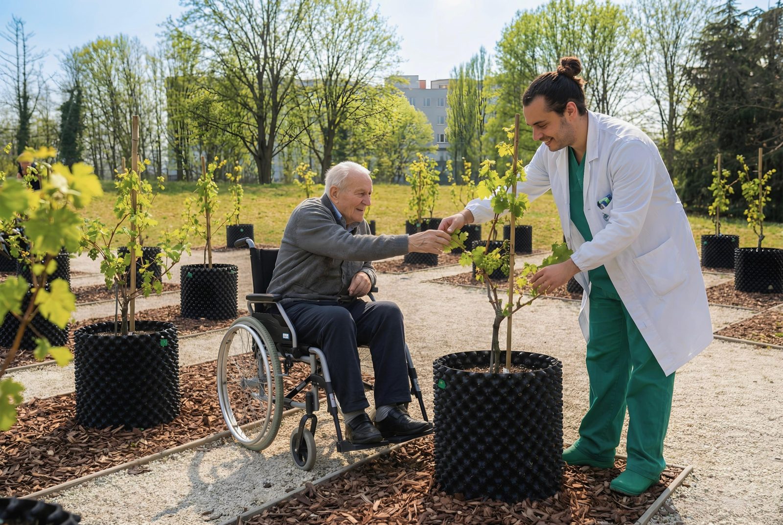 Un paziente e un clinico curano una vite nel parco dell'Ospedale San Luigi Gonzaga