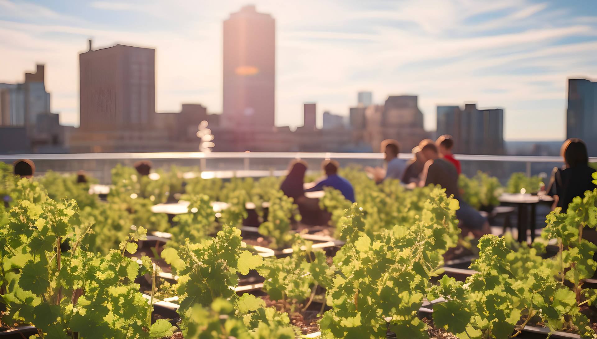 Vigna urbana su un rooftop con filari e persone e lo skyline della città al tramonto