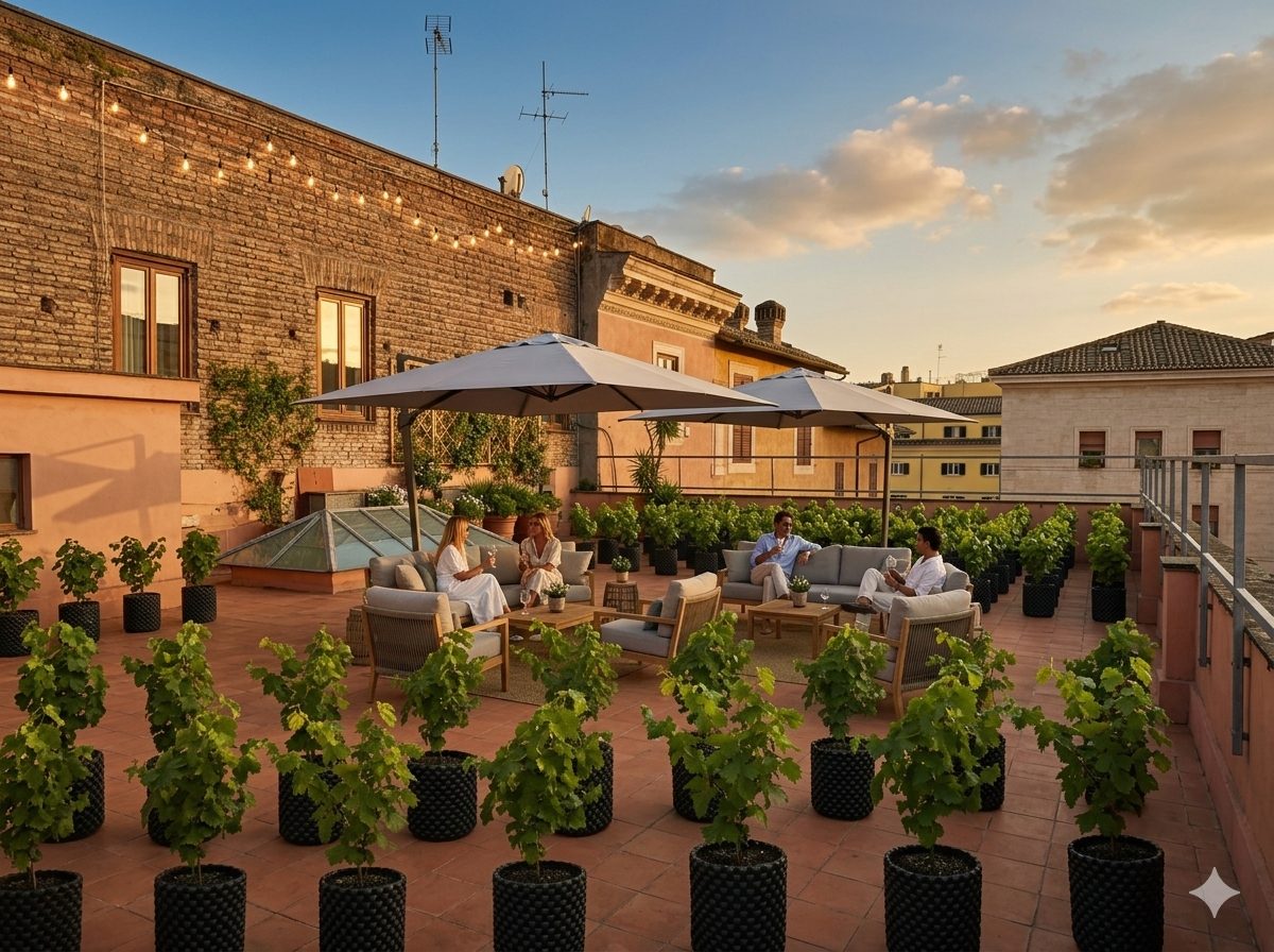 Vigna Corporate Citiculture su terrazza aziendale: filari di vite in vasi fuori terra con vista urbana
